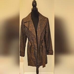 Dana Buchman Leopard Print Trench Coat Jacket Medium M Belted Satin Finish NWT